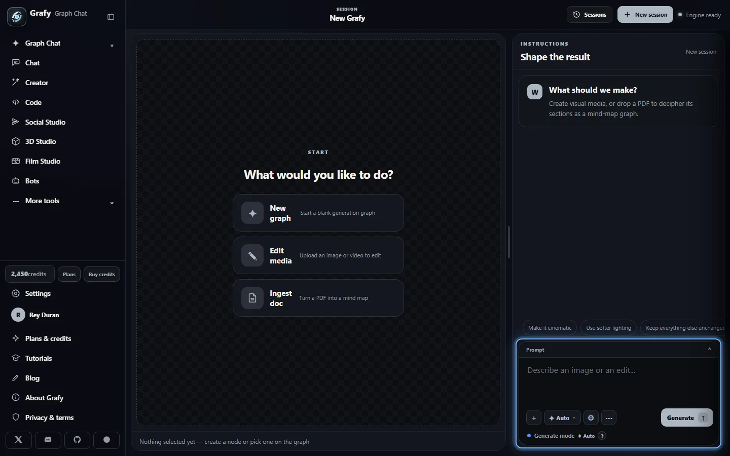 Grafy start screen with New graph, Edit media and Map a file options